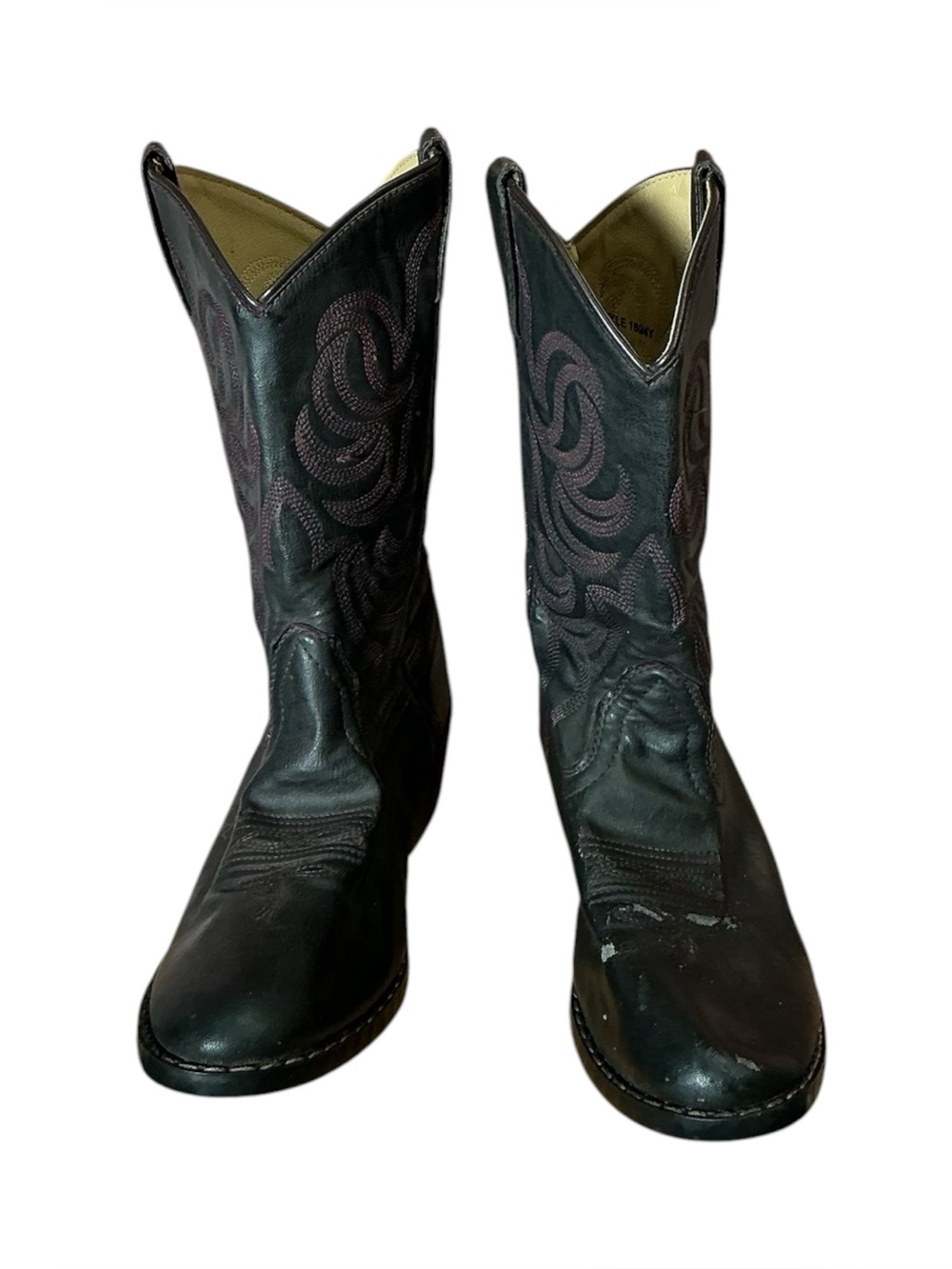 Vintage Smoky Black Leather Cowboy Boots with Purple Stitch design